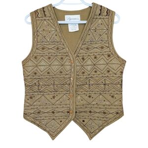 Vintage Tan Embroidered Button Front Linen Blend Vest Boho Small